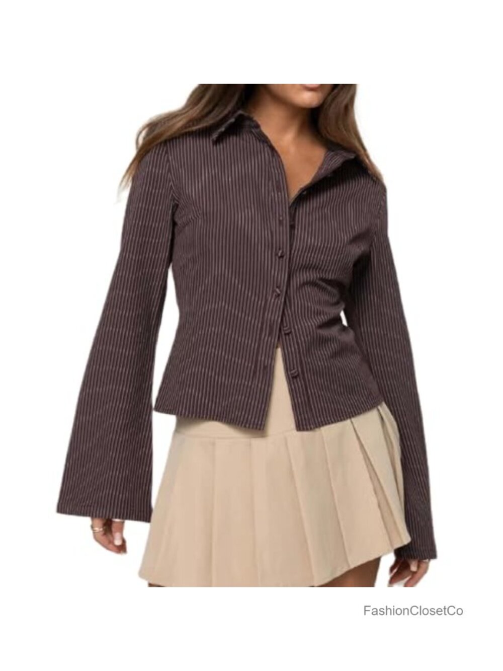 Fitted Button Down Shirt Long Flare Sleeve Cropped Blouse Business Top